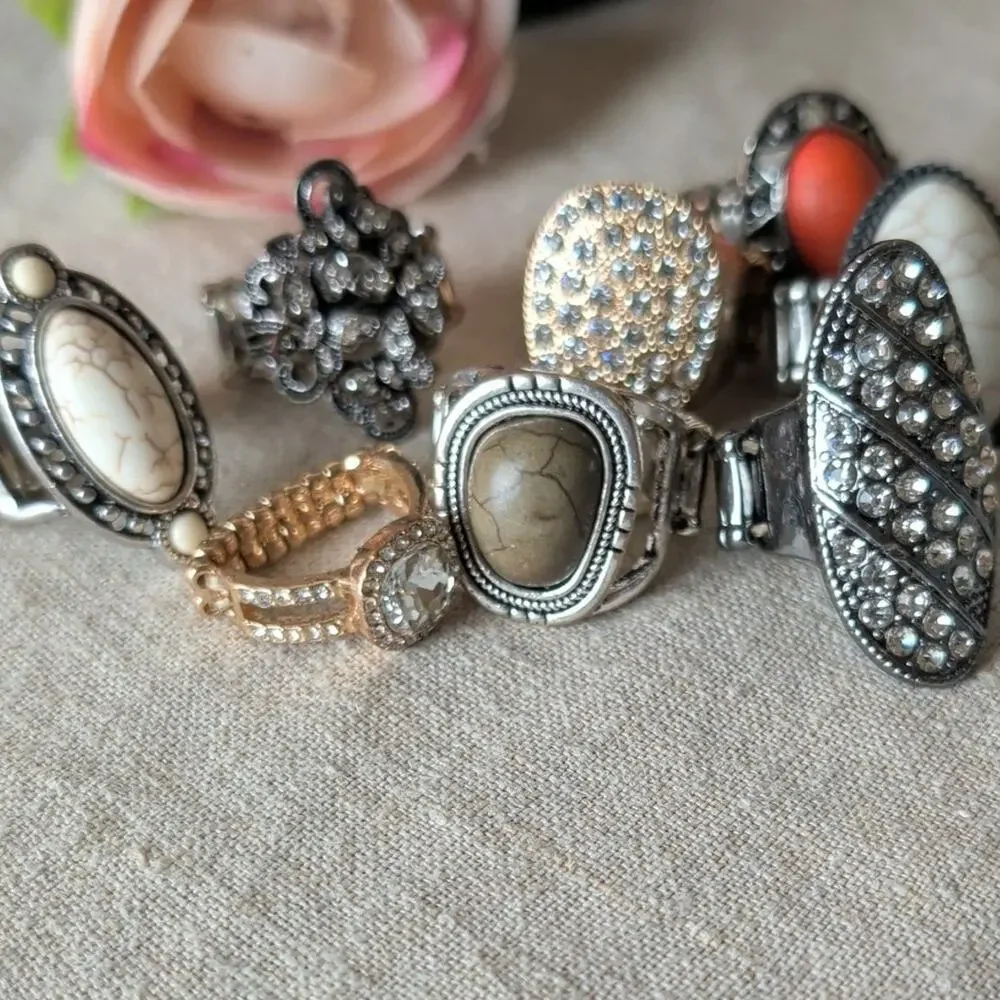 8 Stretch Cocktail Statement Rings Boho Western Faux Stones Rhinestone